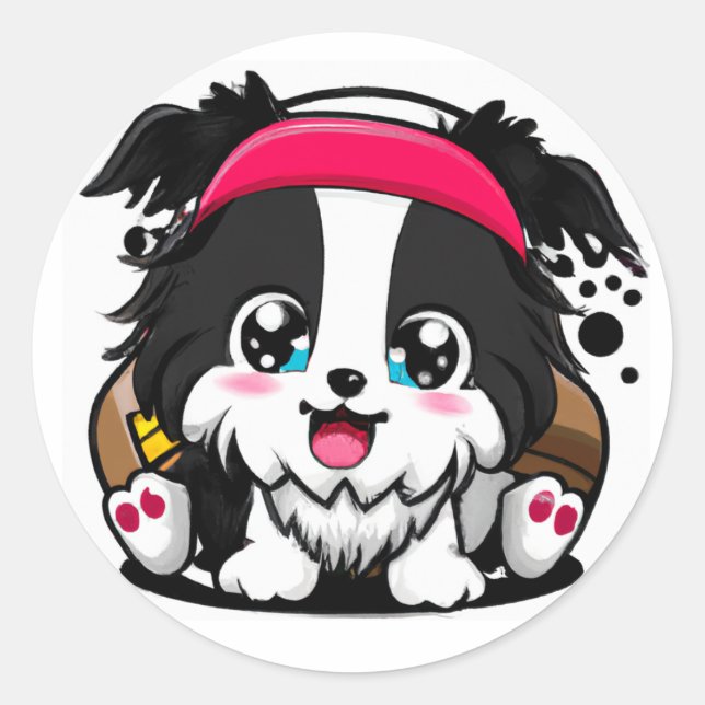 Cute Chibi Border Collie Puppy Classic Round Sticker (Front)