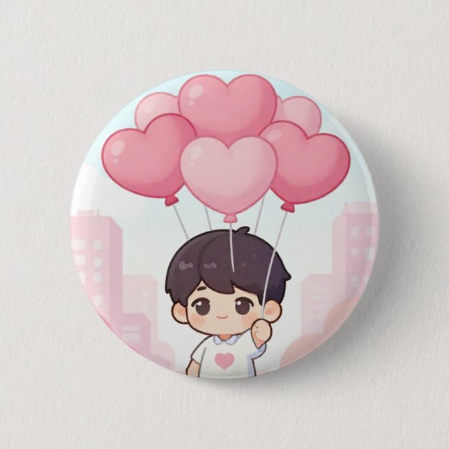 Cute Chibi Boy with Pink Heart Balloons Kawaii Aes Button (Front)