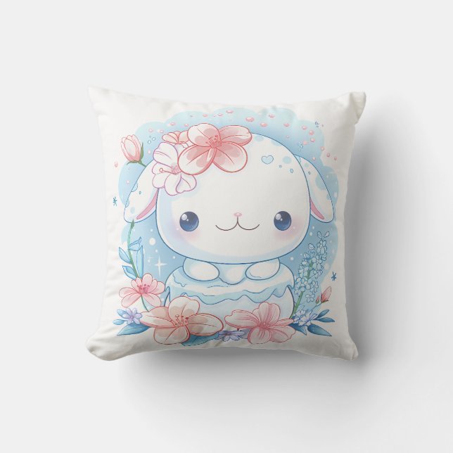 Cute Chibi Bunny Illustration Throw Pillow (Front)