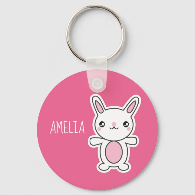 Cute Chibi Bunny Pink Personalised Keychain (Front)