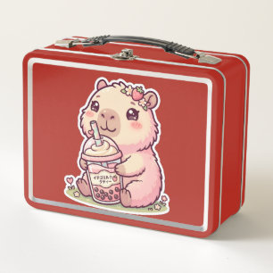 Cute Chibi Capybara Strawberry Boba Kawaii Metal L Lunch Box