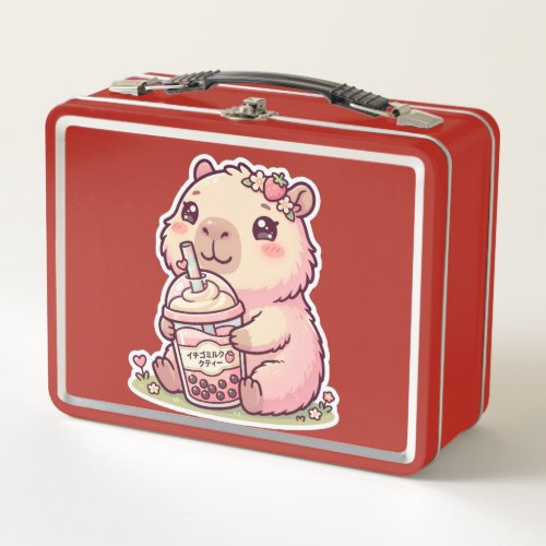 Cute Chibi Capybara Strawberry Boba Kawaii Metal L Lunch Box