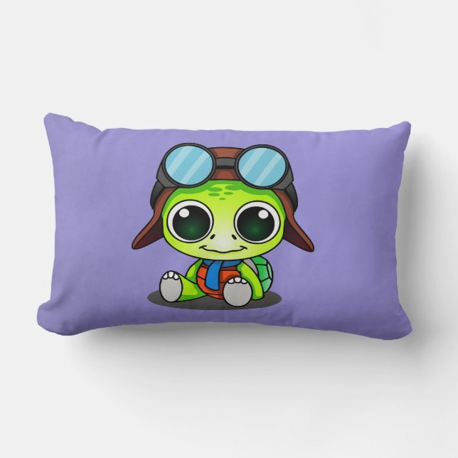 Cute Chibi Cartoon Turtle in Aviator Hat Lumbar Pillow (Front)