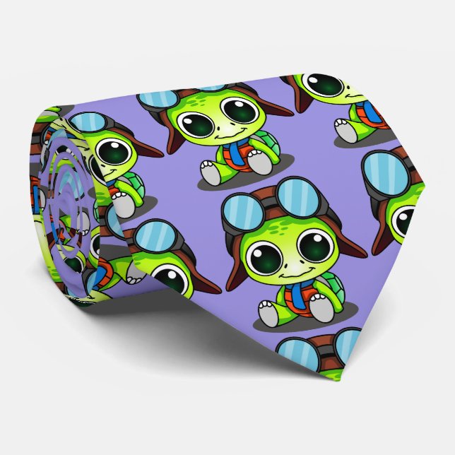Cute Chibi Cartoon Turtle in Aviator Hat Neck Tie (Rolled)