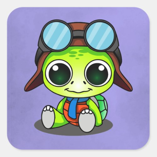 Cute Chibi Cartoon Turtle in Aviator Hat Square Sticker