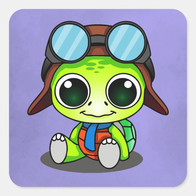 Cute Chibi Cartoon Turtle in Aviator Hat Square Sticker (Front)
