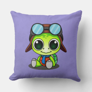 Cute Chibi Cartoon Turtle in Aviator Hat Throw Pillow