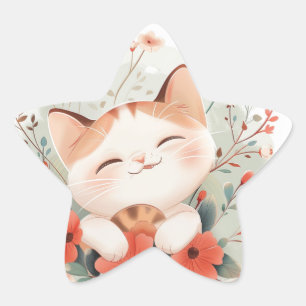 Cute Chibi Cat In Flowers Cat Lovers Gift Star Sticker