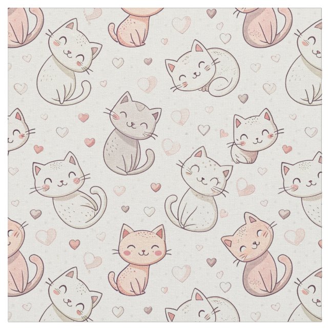 Cute Chibi Cat Pattern - Kids Cartoon Design Art Fabric (Close Up)