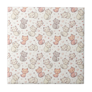 Cute Chibi Cat Pattern - Kids Kawaii Kitten Design Ceramic Tile