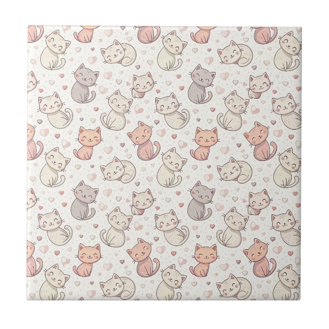 Cute Chibi Cat Pattern - Kids Kawaii Kitten Design Ceramic Tile (Front)