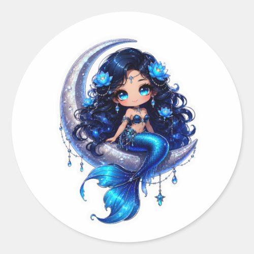 Cute Chibi Celestial Mermaid on Crescent Moon Classic Round Sticker