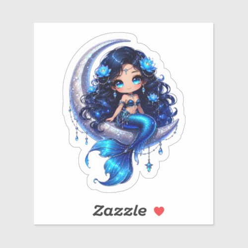 Cute Chibi Celestial Mermaid on Crescent Moon Stic Sticker