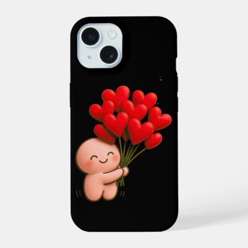 Cute Chibi Character Holding Red Heart Balloons  iPhone 15 Case