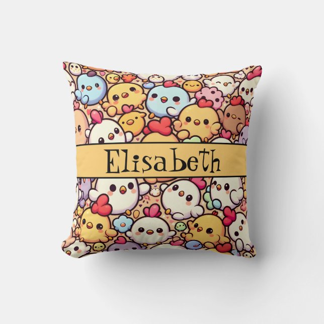 Cute Chibi Chicken Pattern Design Personalised Throw Pillow (Front)