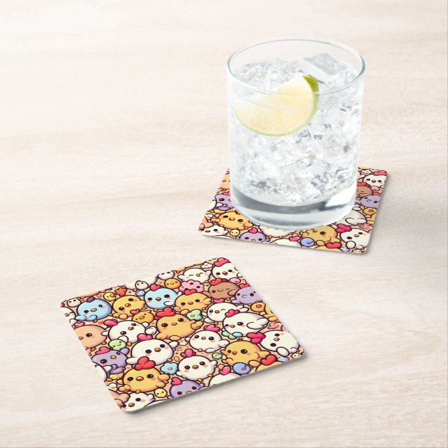 Cute Chibi Chicken Pattern Design Square Paper Coaster (Insitu)