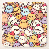 Cute Chibi Chicken Pattern Design Square Paper Coaster (Front)