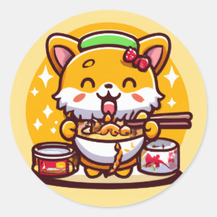 Cute Chibi Corgi Eating Ramen Noodles Classic Round Sticker