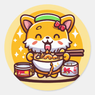 Cute Chibi Corgi Eating Ramen Noodles Classic Round Sticker