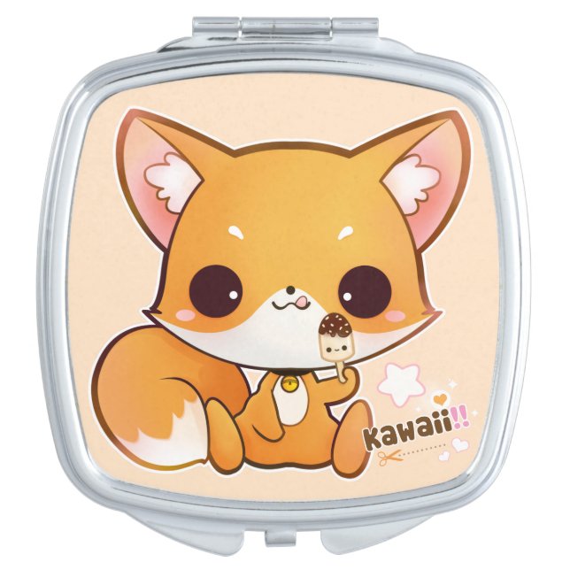 Cute chibi fox with kawaii icecream compact mirror (Front)