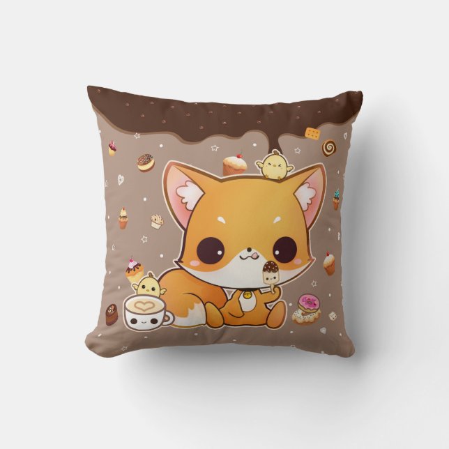 Cute chibi fox with kawaii icecream throw pillow (Front)
