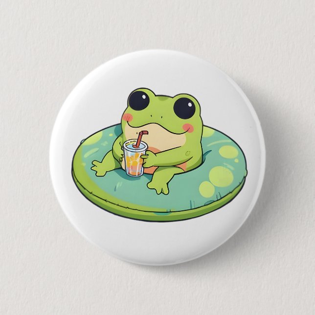 Cute Chibi Frog Summer Pool Day Lemonade Design Button (Front)