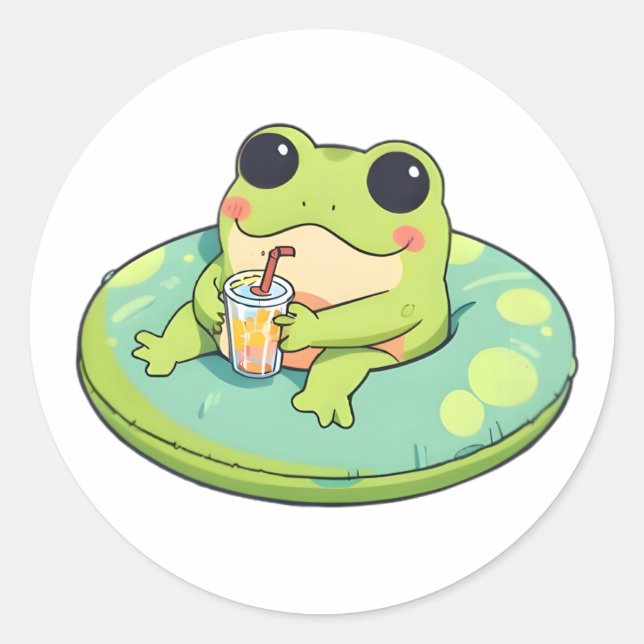 Cute Chibi Frog Summer Pool Day Lemonade Design Classic Round Sticker (Front)