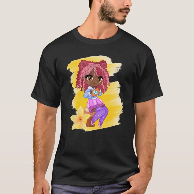 Cute Chibi Gacha Style Fashion Brown Girl With Flo T-Shirt (Front)