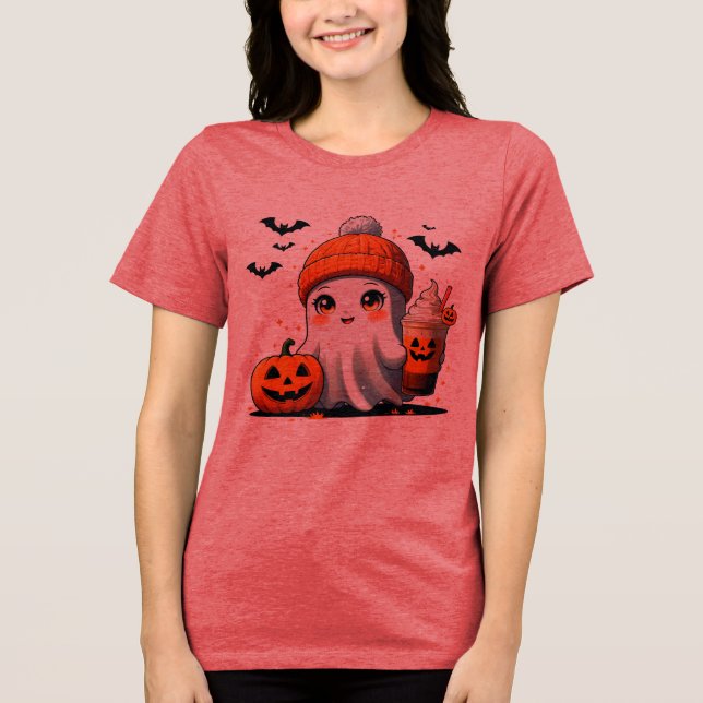 Cute Chibi Ghost with Beanie and Iced Coffee - Aut Tri-Blend Shirt (Front)