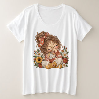Cute Chibi Girl And Kitten Floral Embroidery Style Plus Size T-Shirt