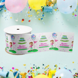 Cute Chibi Girl Birthday Golfing Themed Birthday Satin Ribbon