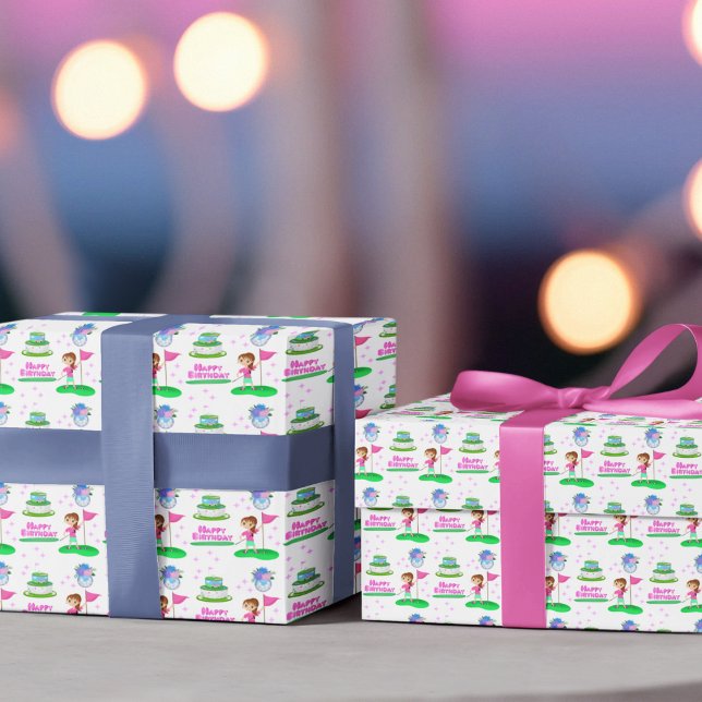 Cute Chibi Girl Birthday Golfing Themed Birthday  Wrapping Paper Sheets (Creator Uploaded)