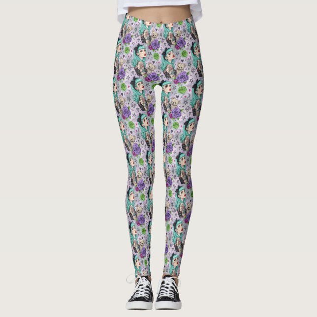 Cute Chibi Girl & Floral Pattern Leggings (Front)
