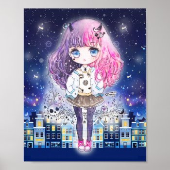 Cute Chibi Girl In A City Of Stars Poster by Chibibunny at Zazzle