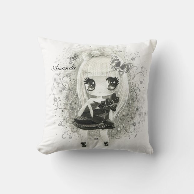 Cute chibi girl in black & white - Personalized Throw Pillow (Front)