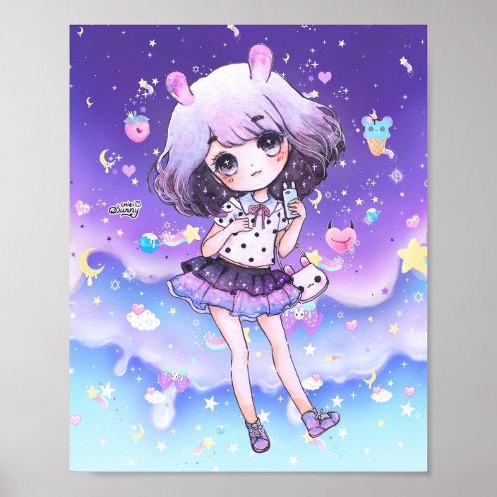 Cute Chibi Girl In Kawaii Pastel Galaxy Poster Zazzle Com