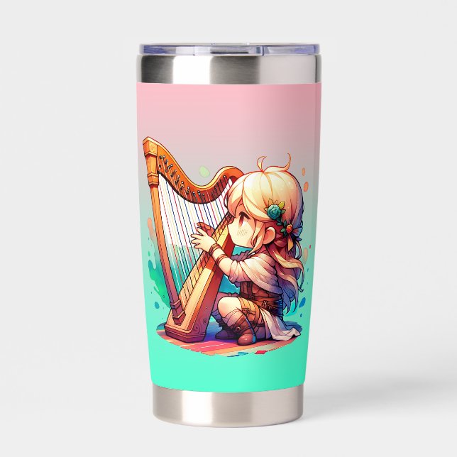 Cute Chibi Girl Playing Harp Personalized Insulated Tumbler (Front)