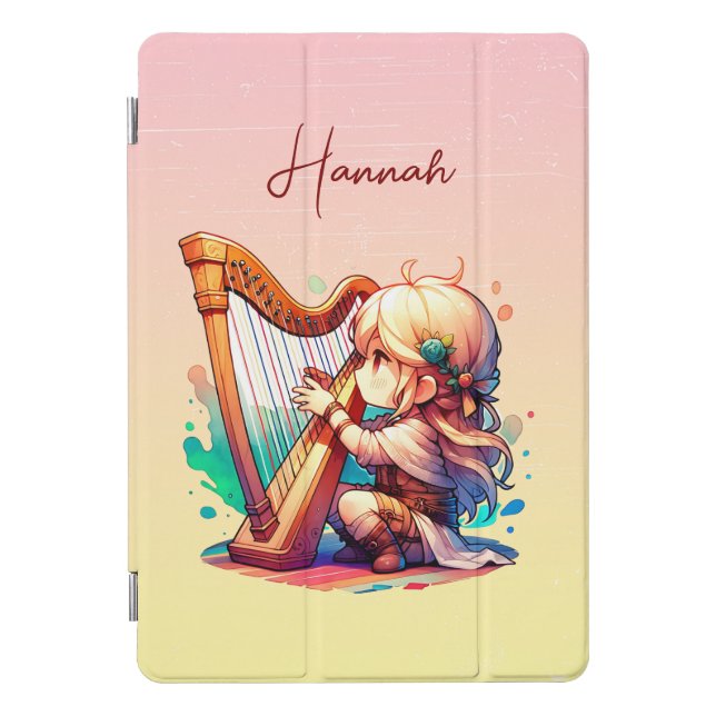 Cute Chibi Girl Playing Harp Personalized iPad Pro Cover (Front)