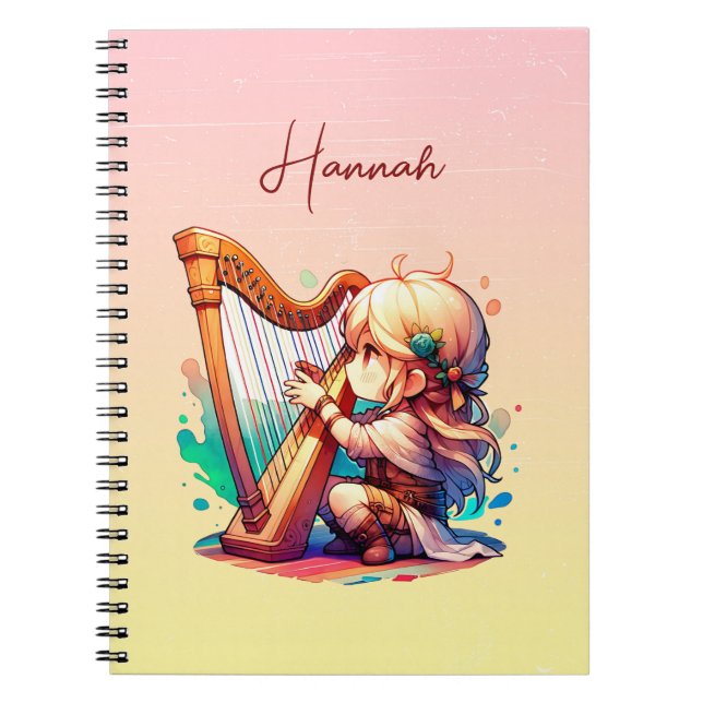 Cute Chibi Girl Playing Harp Personalized Notebook (Front)