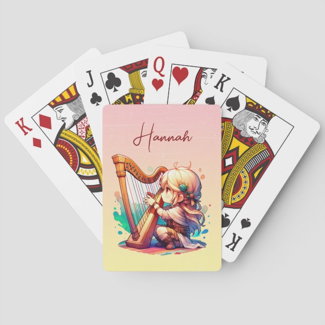Cute Chibi Girl Playing Harp Personalized Poker Cards (Back)