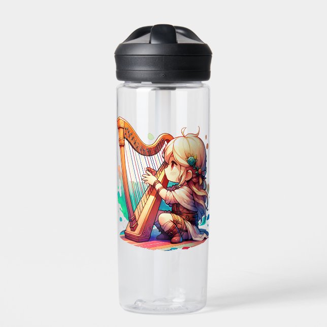 Cute Chibi Girl Playing Harp Personalized Water Bottle (Front)