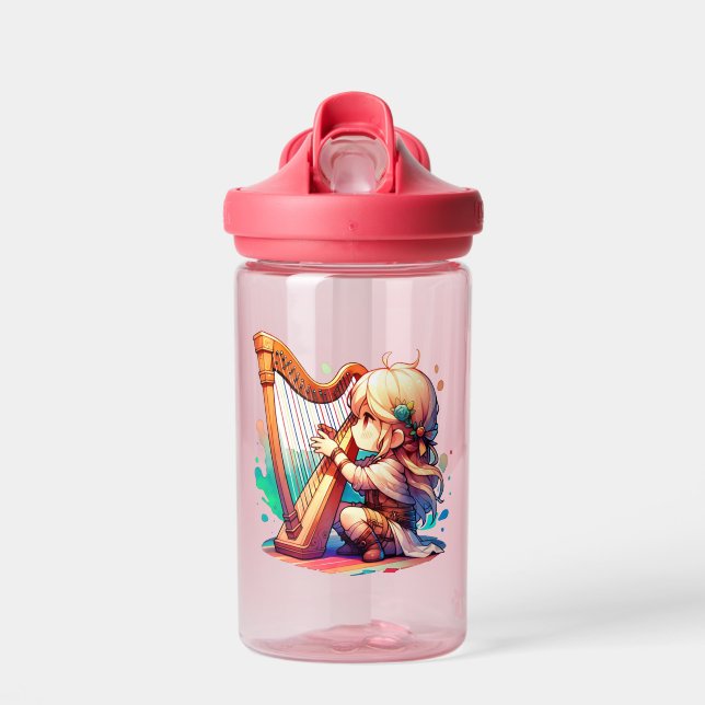 Cute Chibi Girl Playing Harp Personalized Water Bottle (Front)