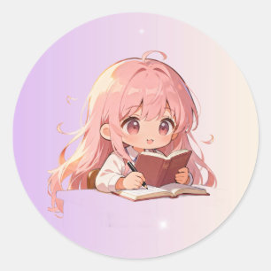 Cute Chibi Girl Studying Round Sticker