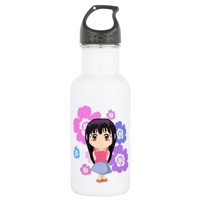 Cute Chibi Girl with Flowers Stainless Steel Water Bottle (Front)