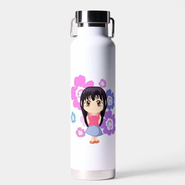 Cute Chibi Girl with Flowers Water Bottle (Front)