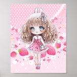 Cute Chibi Girl With Kawaii Strawberries Poster at Zazzle