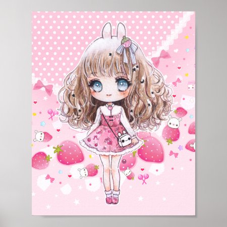 Cute Chibi Girl With Kawaii Strawberries Poster