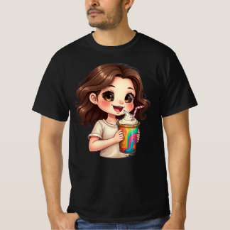 Cute Chibi Girl with Rainbow Swirl Drink" 🧁🌈 T-Shirt