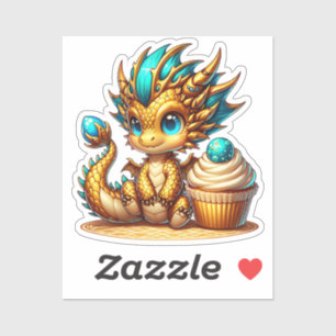 Cute Chibi Gold and Blue Dragon with Cupcake Sticker