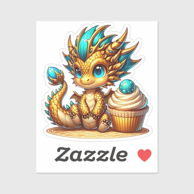 Cute Chibi Gold and Blue Dragon with Cupcake Sticker (Sheet)